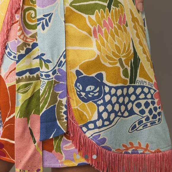 New FARM Rio Long Sleeve Tie Front Fringed Mini Dress - Picture 3 of 3